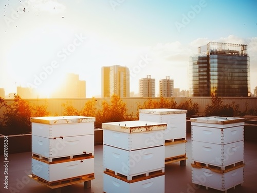 A photo-realistic image of a bee hive on a rooftop with a city skyline in the background. Urban beekeeping. © lukjonis