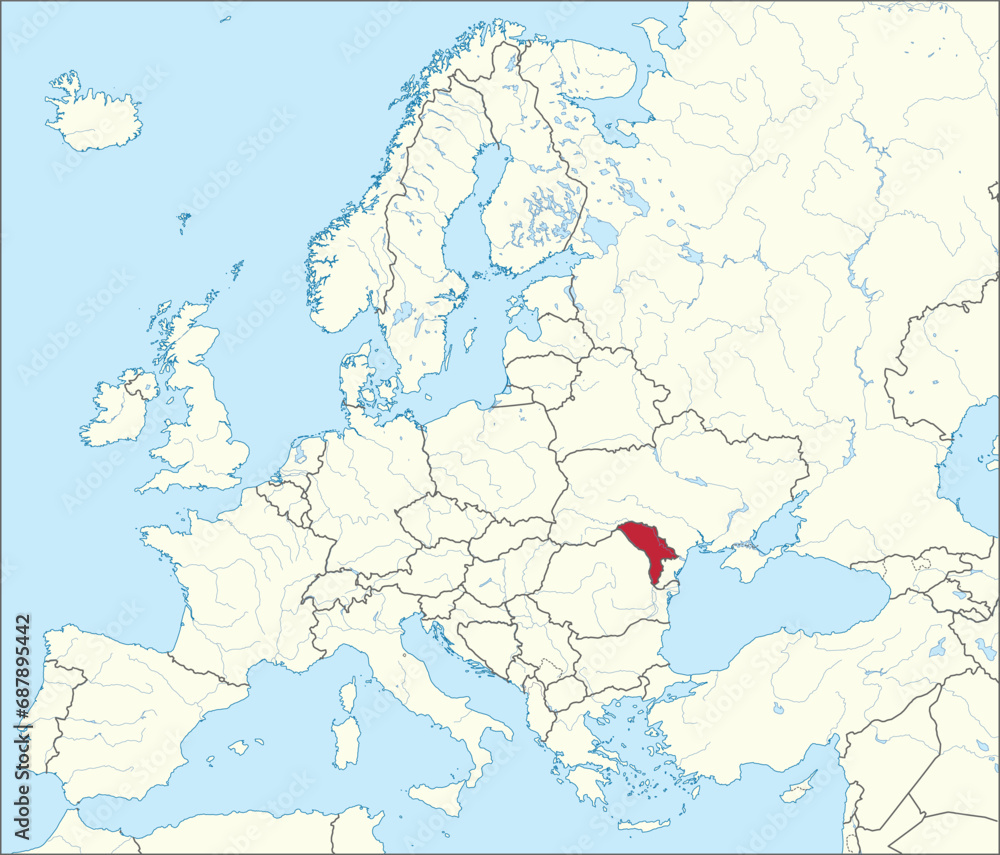 Naklejka premium Red CMYK national map of MOLDOVA inside detailed beige blank political map of European continent with rivers and lakes on blue background using Mercator projection
