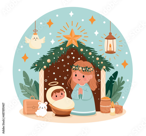 Hand drawn christmas nativity scene. Cute nativity scene. Isolated on white background.