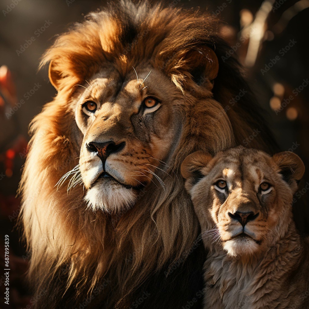 Fototapeta premium Majestic African lion couple loving pride