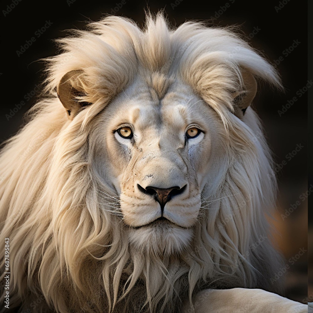 Magnificent Lion king , Portrait of majestic white lion on black background, Wildlife animal