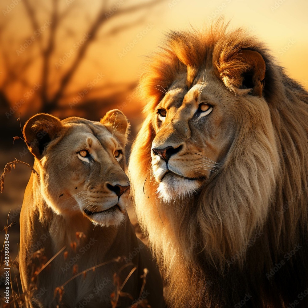 Fototapeta premium Majestic African lion couple loving pride