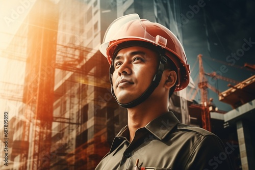Double exposure of Engineer or architect on construction site with building background.