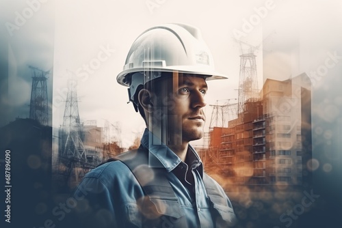 Double exposure of Engineer or architect on construction site with building background.