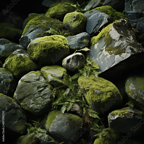 A frontal view of rocks covered in moss, displaying the juxtaposition of smooth stones and soft moss