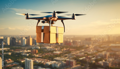 Drone delivery flying with package in the city. UAV drone delivery delivering big brown post package into urban city.Unmanned aircraft system UAS. photo