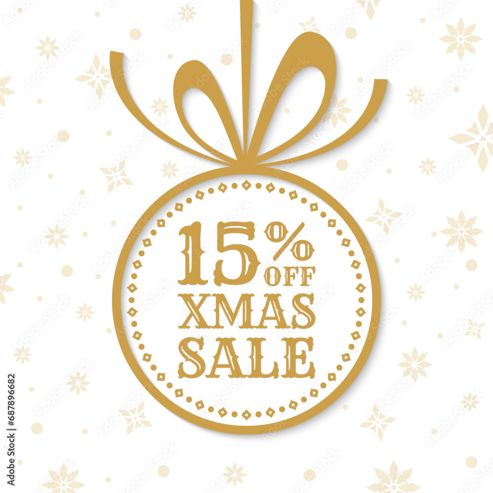 Obraz premium 15% off. Xmas sale label, tag or icon. Christmas ball with bow and ribbon. Holiday discount banner. 15 percent price off sign or logo design with snowflake background. Vector illustration.
