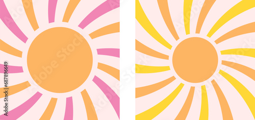 Groovy retro sunshine poster set. Groovy sun pastel backgrounds, vintage retro 70s print. Groovy striped background rays in the center. Sunburst vintage backgrounds. Pastel vector illustration.