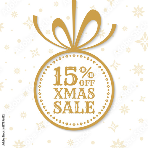15  off. Xmas sale label  tag or icon. Christmas ball with bow and ribbon. Holiday discount banner. 15 percent price off sign or logo design with snowflake background. Vector illustration.