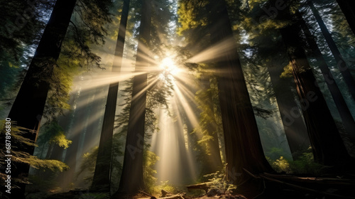 the sun shines through redwood trees with fog  Sunlight through redwood forest with tall trees.  a serene forest scene with sunlight filtering through the foliage  
