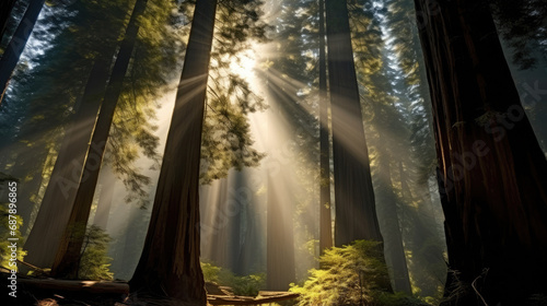 the sun shines through redwood trees with fog, Sunlight through redwood forest with tall trees.  a serene forest scene with sunlight filtering through the foliage,  photo