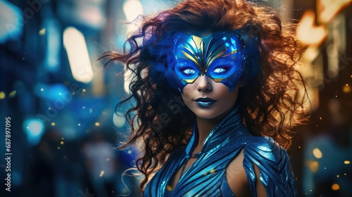 Beautiful  young woman in superhero costume and mask. princess warrior  leader  winning businesswoman.