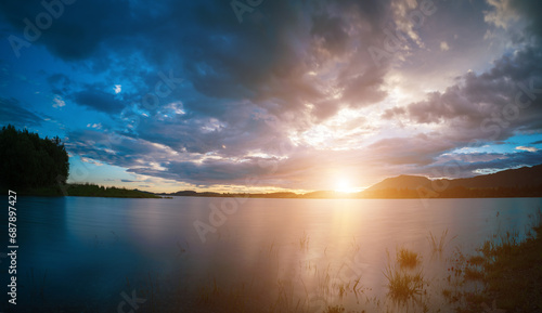 Tranquil mountain landscape with calm lake and dramatic sky