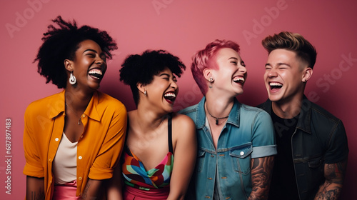 Interracial friends laughing and having a good time together in a studio