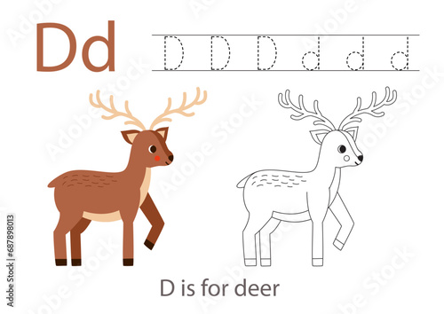 Tracing alphabet letters with cute animals. Color cute deer. Trace letter D. © Milya Shaykh