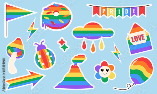 Gay lgbt community pride stickers on a blue background. LGBT set in cartoon style. A symbol of the proud LGBT community. Rainbow vector elements.