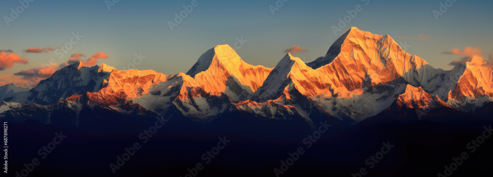 Obraz premium Mountains with snow on them at sunset with a blue sky, depicts a majestic mountain landscape during sunset. It is suitable for outdoor, travel, and nature-themed designs.