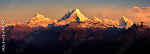 Mountains with snow on them at sunset with a blue sky  depicts a majestic mountain landscape during sunset. It is suitable for outdoor  travel  and nature-themed designs.