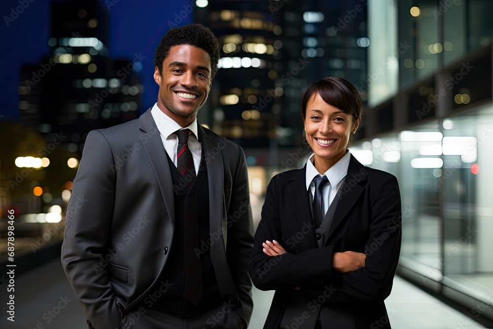 Diverse corporate team, including a black businessman and businesswoman, standing outdoors at night, exuding confidence and success.