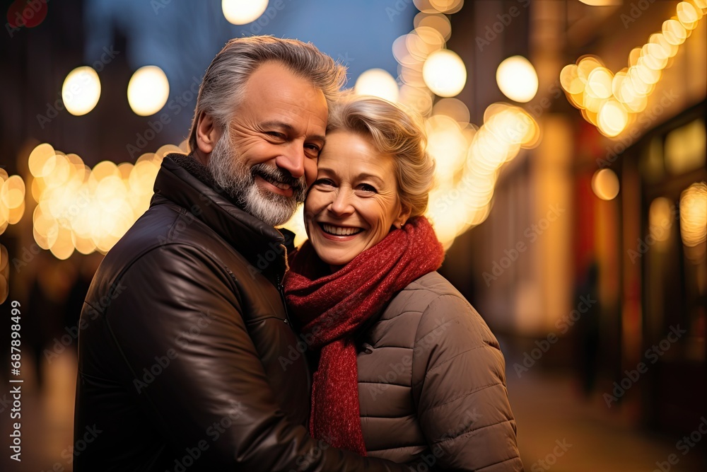 A happy senior couple in their 60s and 70s enjoys a loving moment outdoors, adorned with a garland.