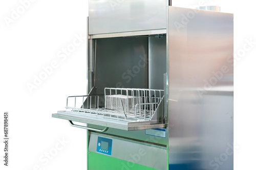 dishwasher machine with stainless wire rack for support dish cup bowls tray or utensil or other application used isolated on white background with clipping path
