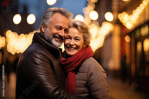 A happy senior couple in their 60s and 70s enjoys a loving moment outdoors, adorned with a garland.