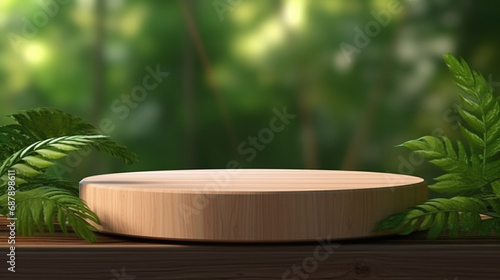 Empty wooden product podium on a deck with lush green foliage in the background, ideal for product display. Perfect for presentations, awards, or showcasing items. AI Generative