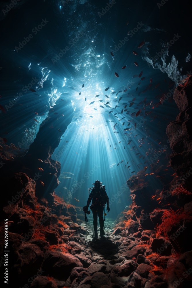 Diver capturing the breathtaking beauty of a deep-sea coral garden, home to unique and rare species, Generative AI Diver capturing the breathtaking beauty of a deep-sea coral garden, home to unique and rare species, Generative AI