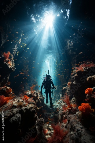 Diver capturing the breathtaking beauty of a deep-sea coral garden, home to unique and rare species, Generative AI