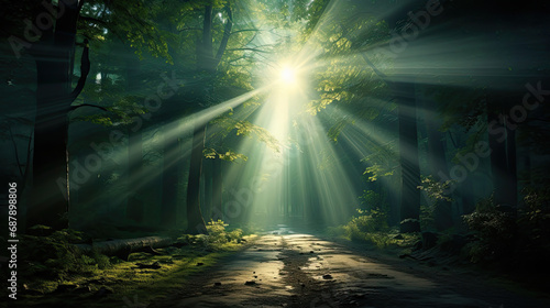 sun rays through the forest, a dirt road is in the woods with light shining through 