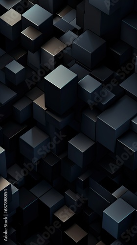 Vertical black modern background consisting of 3D geometric shapes - squares, rectangles, cubes.