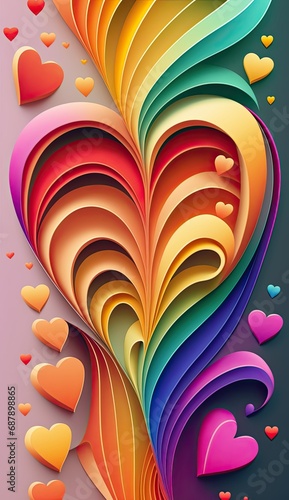 3D Background consisting of multi-colored hearts - a symbol of love and romance  lines and waves. Vertical image