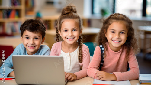 Diverse cheerful group of kids schoolchildren collaboratively using laptop in classroom seating around desk for learning