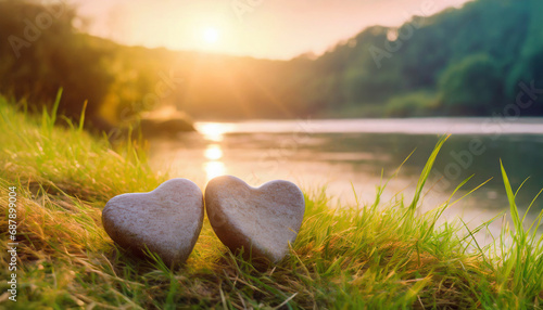 Two heart-shaped stones resting on the grass next to a river, sunset light photo