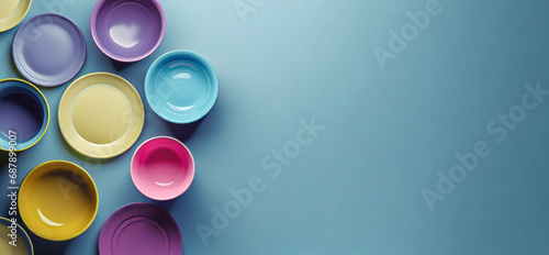 Top view of empty crockery plates and cups on a blue neutral background photo