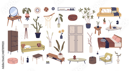 Home interior furniture and decor set. Sofa, couch, bed, house plants, flowers in vases, coffee tables, decorations for modern retro room design. Flat vector illustrations isolated on white background