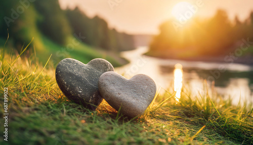 Two heart-shaped stones resting on the grass next to a river, sunset light