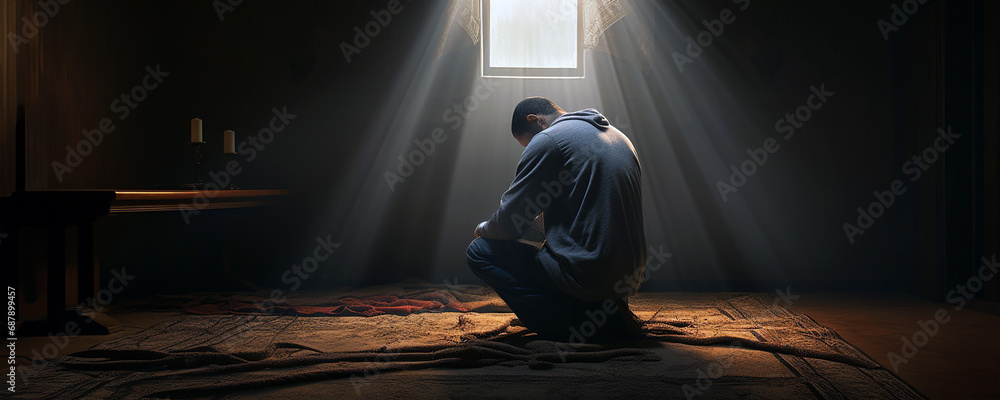 Religious, sad young man praying to God in a dark room. Sunlight coming through the window. - obrazy, fototapety, plakaty 
