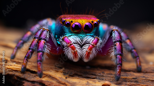 A striking macro photograph of a single Purple-Gold Jumping Spider (Irura bidenticulata) showcasing its vibrant colors and intricate patterns in stunning detail, A single Purple-Gold Jumping Spider © Micro