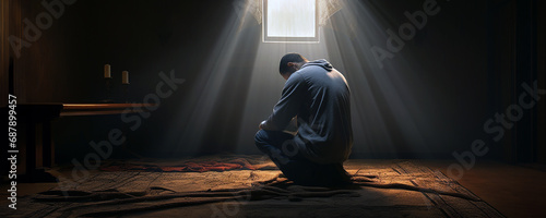Religious, sad young man praying to God in a dark room. Sunlight coming through the window.
