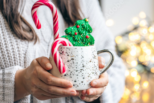 A cup of hot drink with gingerbread and candies in female hands, close up.