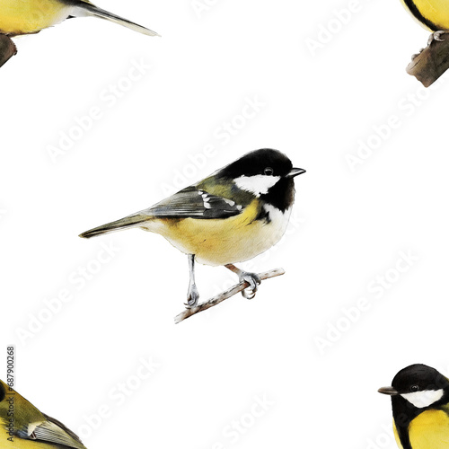Watercolor coal tit and great tit birds seamless pattern. Hand-drawn yellow garden birds backdrop for fabric, clothing, wrapping paper, decor. Repeated pattern