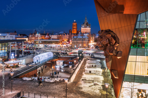 Aerial view of the beautiful main town of Gdansk in winter, Poland