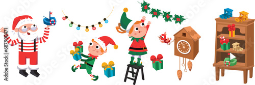 Cute Santa and elf make presents for children. Santa Claus workshop. Winter Christmas holidays. Vector cartoon isolated illustrations, set for design. 