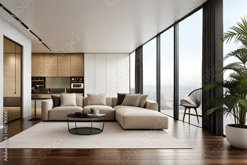 Beige velvet sofa with terra cotta cushions between houseplants. modern living room with sofa