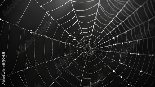Close-up of a spider's web, black and white color, abstract, background