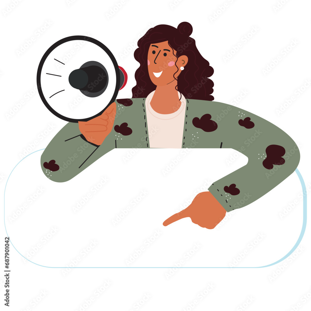 A woman with a megaphone/loudspeaker, shouting, announcing something and pointing with her index finger. A woman on a white background with a sign. Conceptual illustration of megaphone vector, flat st A woman with a megaphone/loudspeaker, shouting, announcing something and pointing with her index finger. A woman on a white background with a sign. Conceptual illustration of megaphone vector, flat st