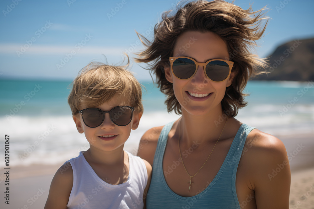 Cheerful mother spending time with her child on the sea beach, family having fun on the summer beach, sea background. Happy family concept Cheerful mother spending time with her child on the sea beach, family having fun on the summer beach, sea background. Happy family concept
