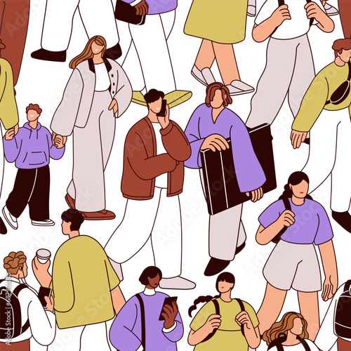 People, seamless pattern. Characters walking on busy city street, endless bac...