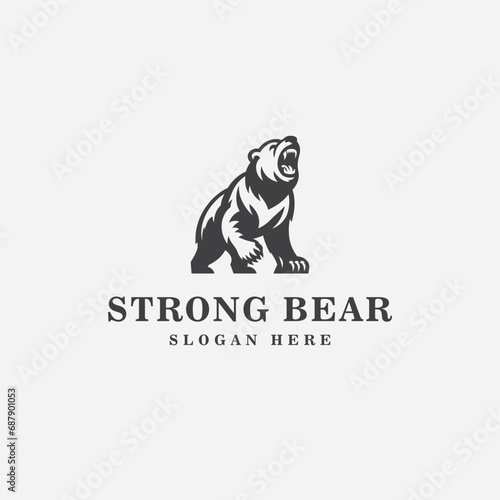 bear logo design, with an angry expression, and in black and white monochrome style
